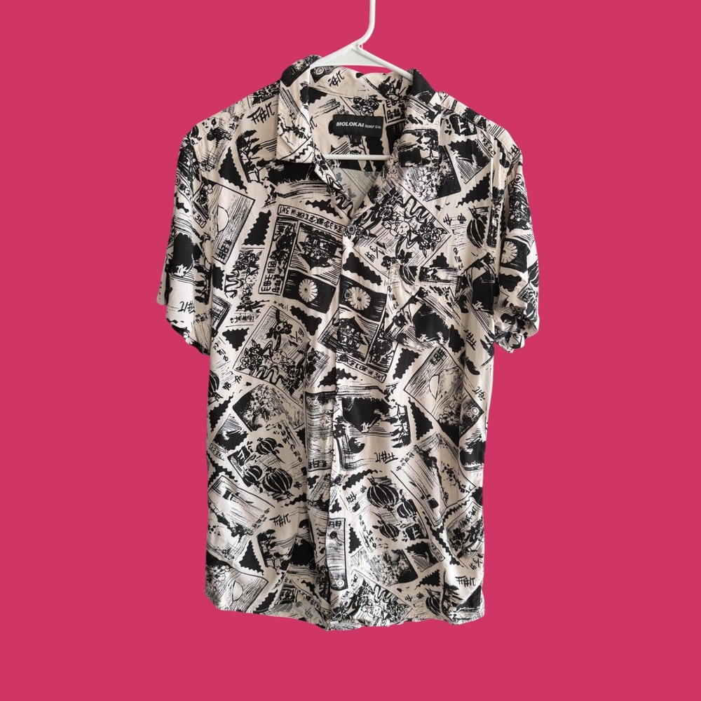 Molokai Surf Co Japanese Stamp Graphic Button Up Shirt Mens Large White Black